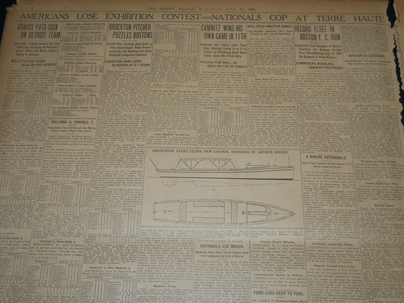 1909 JUNE 19 THE BOSTON HERALD NEWSPAPER- JOE MATSON WINS RACE AND FAME - BH 374