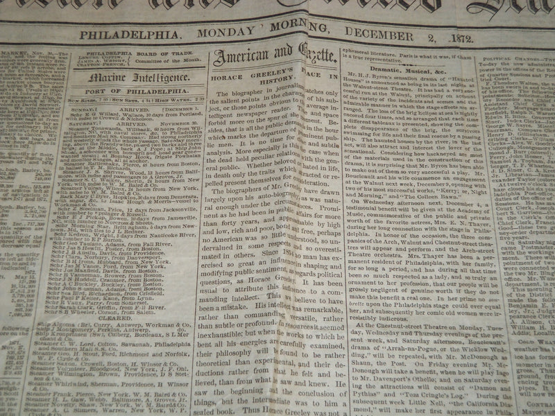 1872 DEC 2 NORTH AMERICAN & UNITED STATES GAZETTE NEWSPAPER - GREELEY - NP 4180