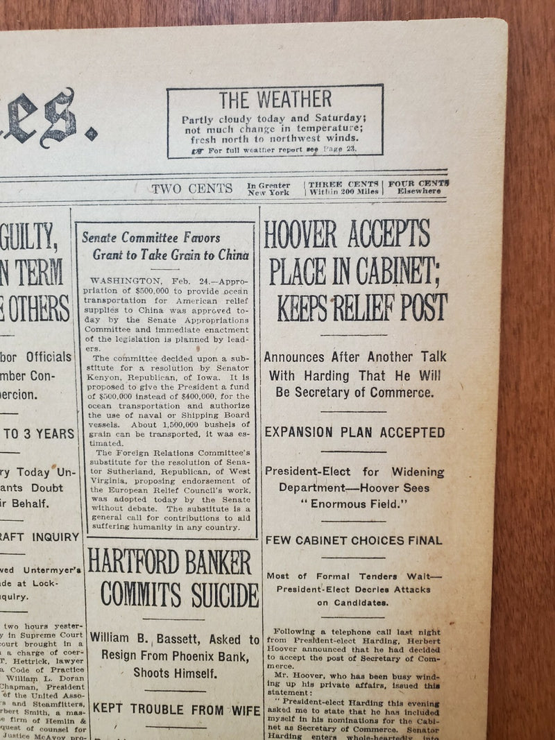 1921 FEBRUARY 25 NEW YORK TIMES - HOOVER ACCEPTS PLACE IN CABINET - NT 8130