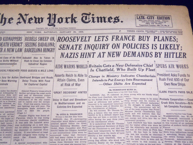 1939 JAN 28 NEW YORK TIMES - REBELS SEIZE BADALONA NAZIS HINT AT DEMANDS- NT 598