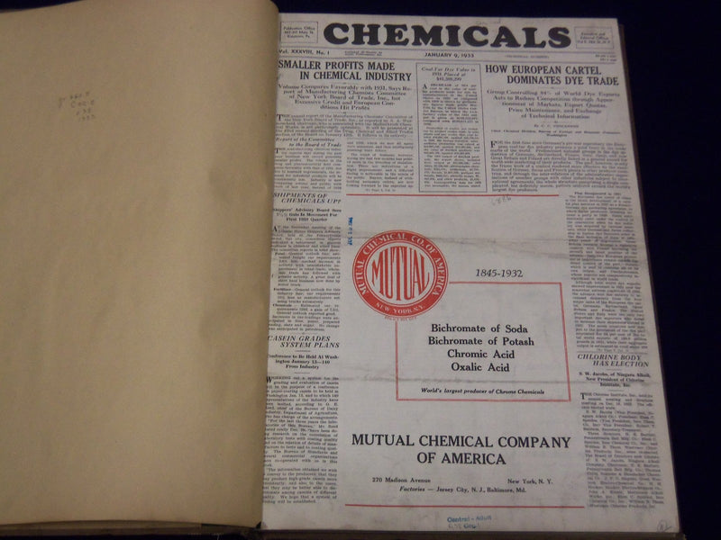 1933 JAN-DEC CHEMICALS MAGAZINE BOUND VOLUME PRICE TRENDS IMPORTS ADS - KD 661