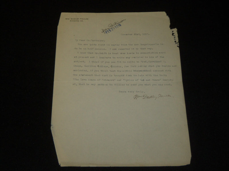 1917 WM. DUDLEY FOULKE TYPED SIGNED LETTER - MR. PARKINSON - J 5360