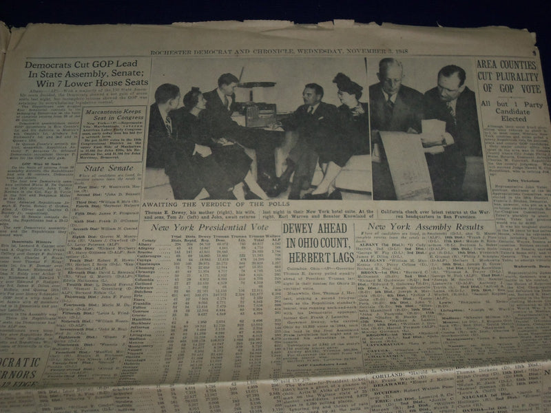 1948 NOV 3 DEMOCRAT & CHRONICLE NEWSPAPER - DEWEY WINS NY GAINS IN RACE- NP 1623