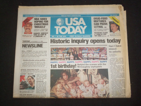 1998 NOVEMBER 19 USA TODAY NEWSPAPER - HISTORIC INQUIRY OPENS TODAY - NP 7968