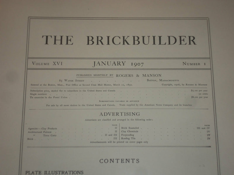 1907 JANUARY THE BRICKBUILDER MAGAZINE - AN ARCHITECTURAL MONTHLY - ST 528O