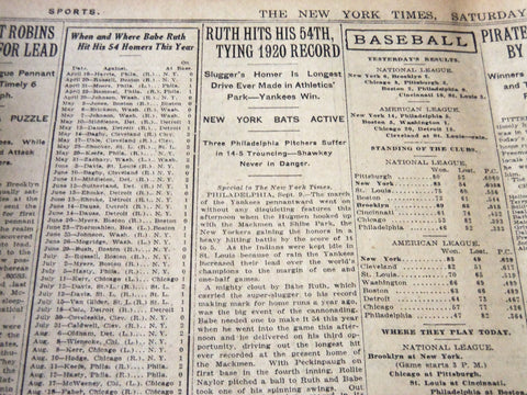 1921 SEPTEMBER 10 NEW YORK TIMES - RUTH HITS HIS 54TH TYING 1920 RECORD- NT 5479
