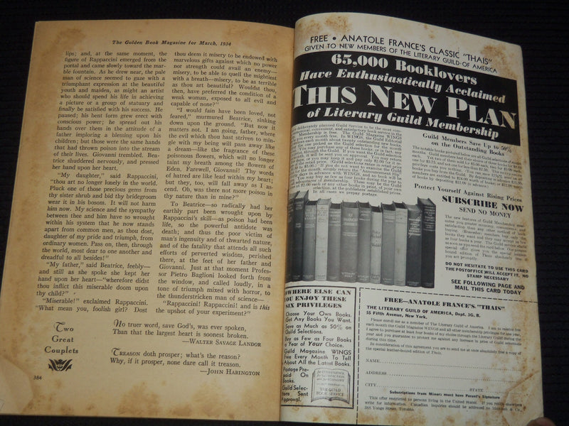 1934 MARCH GOLDEN BOOK MAGAZINE - HAWTHORNE - HARTE - COWARD - K 1006