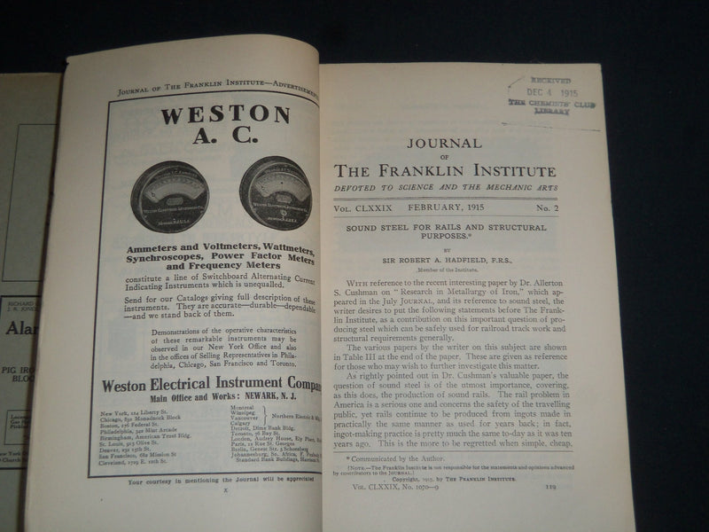 1915 JOURNAL OF THE FRANKLIN INSTITUTE MAGAZINE LOT OF 12 - COMPLETE YR - WR 184