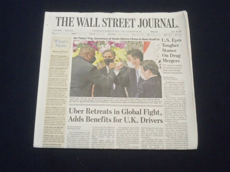 2021 MARCH 17 THE WALL STREET JOURNAL - U.S. EYES TOUGHER STANCE ON DRUG MERGERS