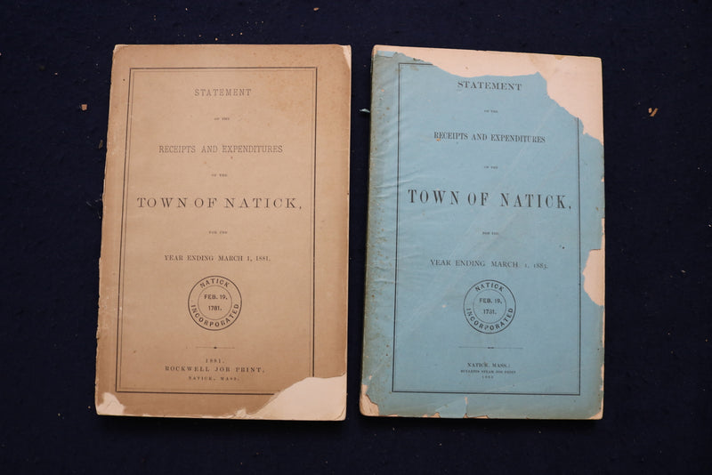 1859-1889 TOWN OF NATICK RECEIPTS AND EXPENDITURE REPORTS - LOT OF 24 - O 3393