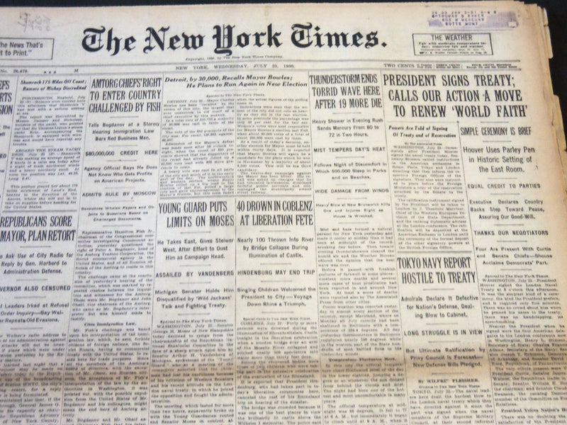 1930 JULY 23 NEW YORK TIMES - HOOVER SIGNS LONDON NAVAL TREATY - NT 5708