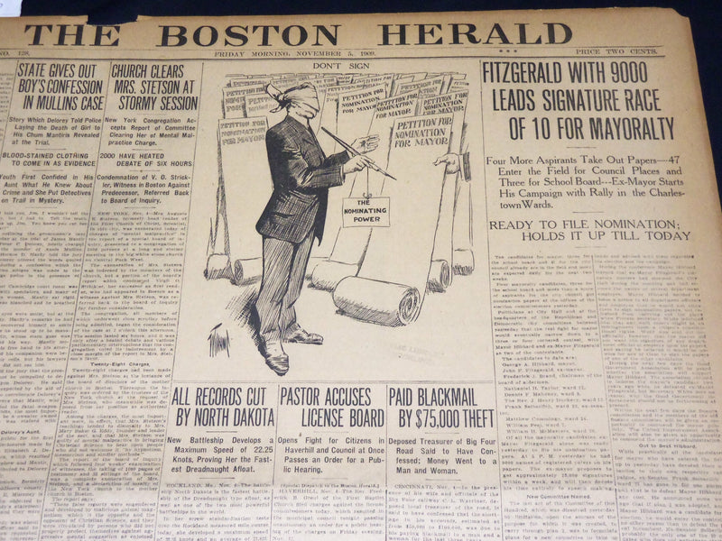 1909 NOVEMBER 5 THE BOSTON HERALD - FITZGERALD WITH 9000 LEADS RACE - BH 392