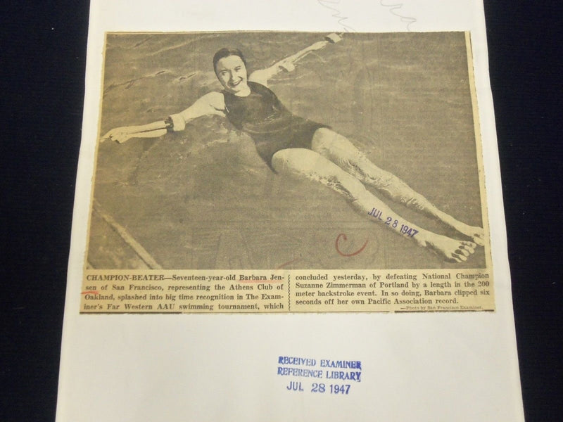 1947-1950 BARBARA JENSEN OLYMPIC SWIMMER WIRE PHOTOS LOT OF 10 - STAMPED- J 1795