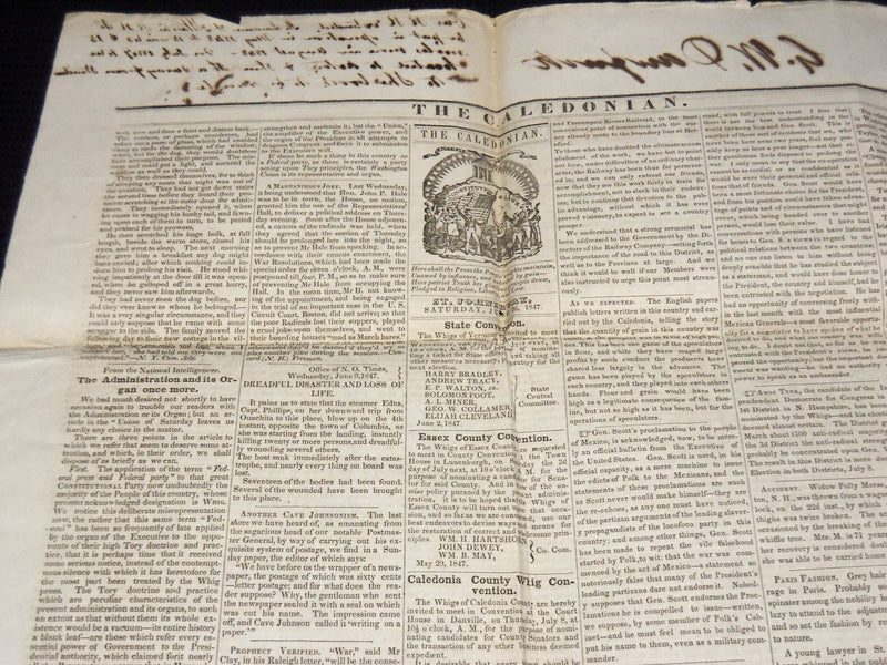 1847 JUNE 26 THE CALEDONIAN NEWSPAPER - ST. JOHNSBURY, VERMONT - K 78