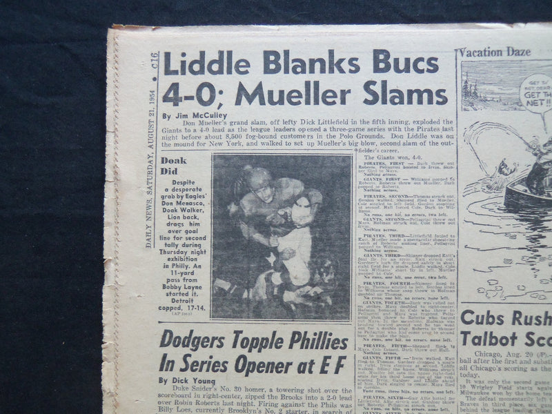 1954 AUGUST 21 NY DAILY NEWS NEWSPAPER - OLSON BEATS ROCKY IN 15 - NP 2503