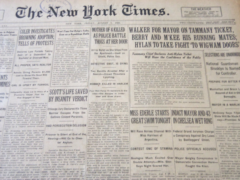 1925 AUGUST 7 NEW YORK TIMES - MISS EDERLE STARTS GREAT SWIM TONIGHT - NT 5457
