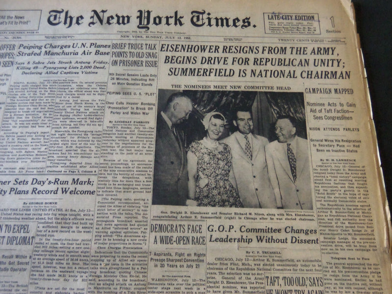 1952 JULY 13 NEW YORK TIMES - EISENHOWER RESIGNS FROM THE ARMY - NT 5991