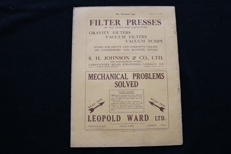 1922 AUGUST 19 THE CHEMICAL AGE MAGAZINE - CHAS. PAGE & CO. COVER - SP 4924H