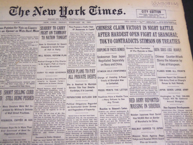 1932 FEBRUARY 26 NEW YORK TIMES - CHINESE CLAIM VICTORY AT SHANGHAI - NT 4766