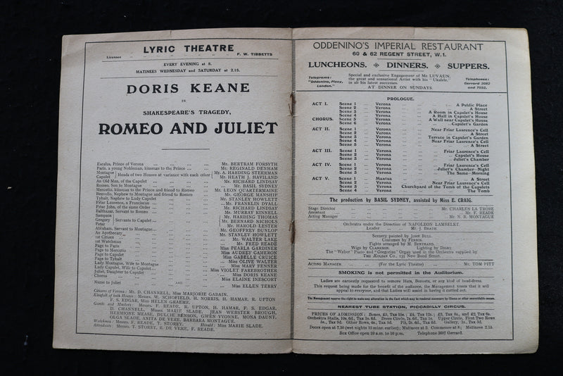 1919 DORIS KEANE IN ROMEO AND JULIET PROGRAM - THE LYRIC THEATRE - K 1803