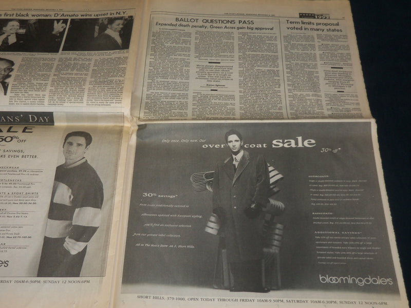 1992 NOVEMBER 4 THE STAR-LEDGER NEWSPAPER - CLINTON ROUTS BUSH - NP 4907