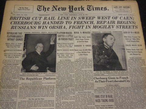 1944 JUNE 28 NEW YORK TIMES - CHERBOURG HANDED TO FRENCH, REPAIRS BEGIN- NT 4327