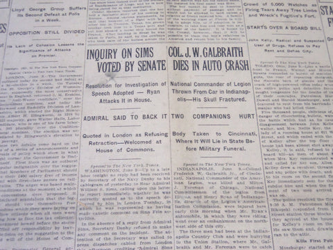 1921 JUNE 10 NEW YORK TIMES - COLONEL GALBRAITH DIES IN AUTO CRASH - NT 5501