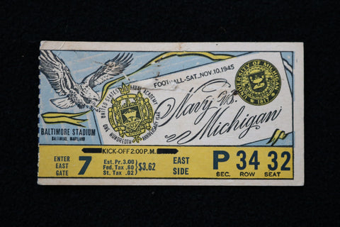 1945 NOVEMBER 10 NAVY VS. MICHIGAN TICKET STUB - K 2764