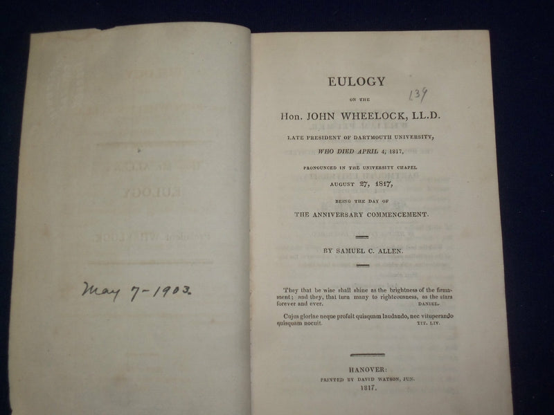 1817 HON. MR. ALLEN'S EULOGY ON PRES. JOHN WHEELOCK - DARTMOUTH COLLEGE - J 4704