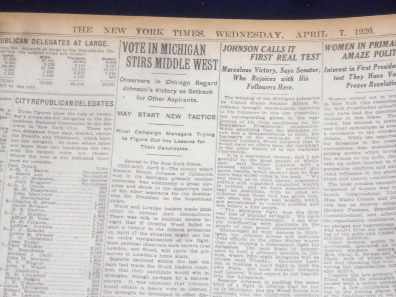 1920 APRIL 7 NEW YORK TIMES - JOHNSON AND HOOVER BEATEN IN THIS STATE - NT 8283