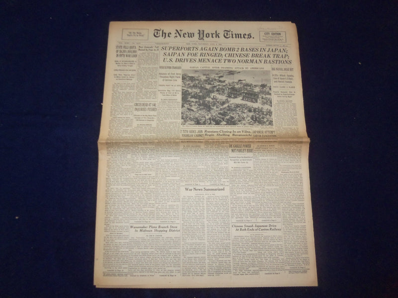 1944 JULY 8 NEW YORK TIMES - SUPERFORTS AGAIN BOMB 2 BASES IN JAPAN - NP 6587