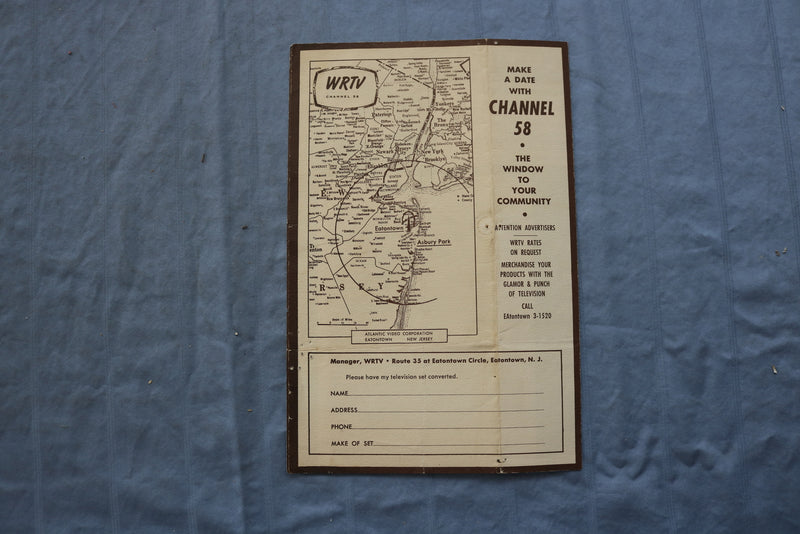 1950'S WRTV CHANNEL 58 BROCHURE - EATONTOWN, NEW JERSEY - K 707