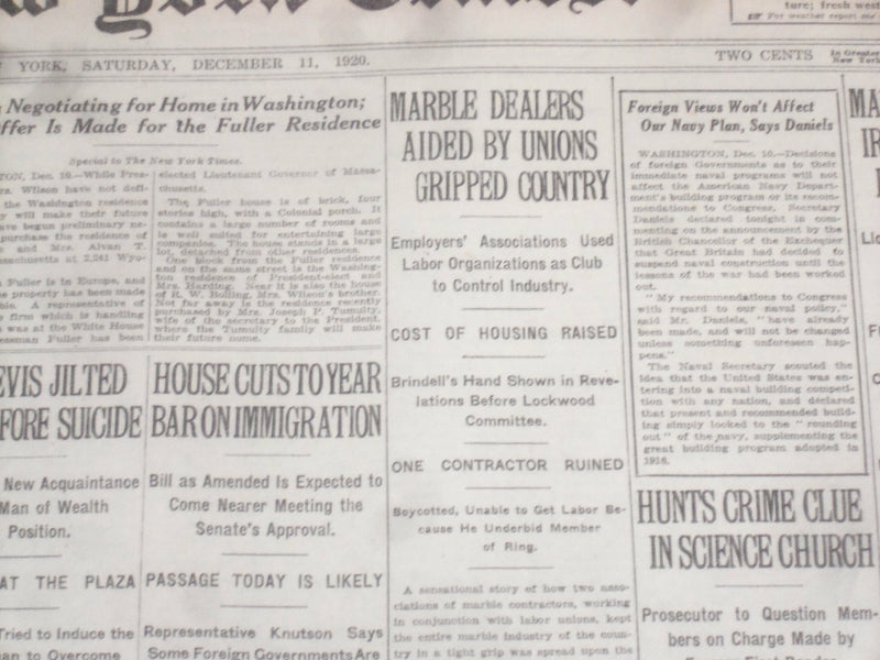 1920 DECEMBER 11 NEW YORK TIMES - MARBLE DEALERS AIDED BY UNIONS - NT 8481
