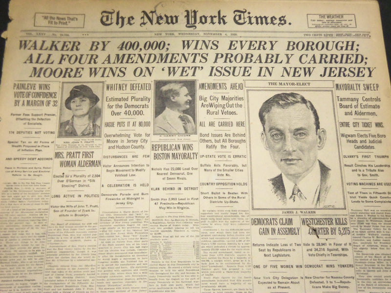 1925 NOV 4 NEW YORK TIMES - WALKER BY 400,000 WINS EVERY BOROUGH - NT 5111