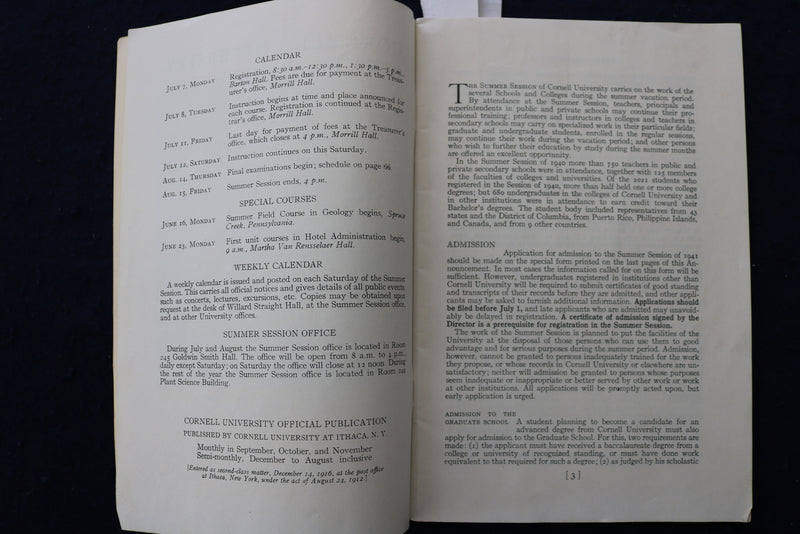 1941 CORNELL UNIVERSITY SUMMER SESSION ANNOUNCEMENT SOFTCOVER BOOK - K 1419