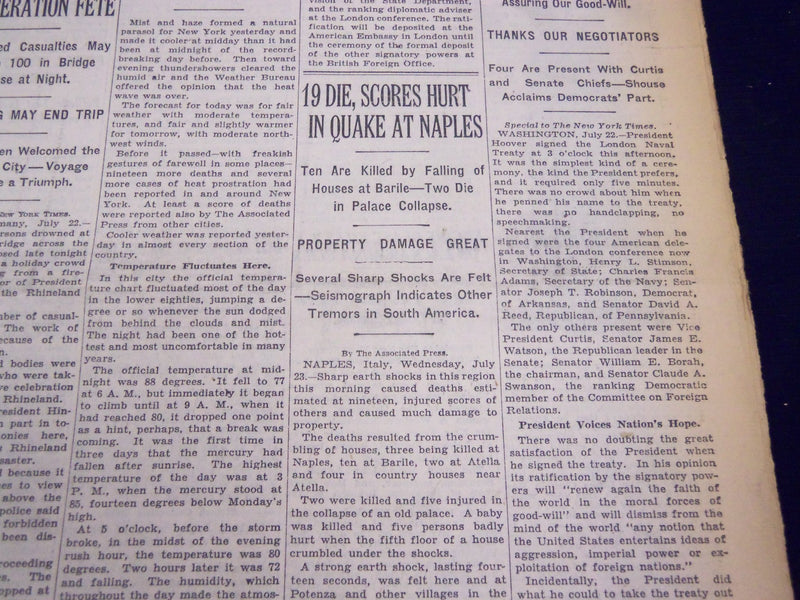 1930 JULY 23 NEW YORK TIMES - QUAKE AT NAPLES KILLS 19 - NT 3897