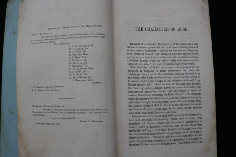 1848 THE CHARACTER OF RUSH BY THOMAS MITCHEL, M.D. - SOFTCOVER BOOK - K 2890