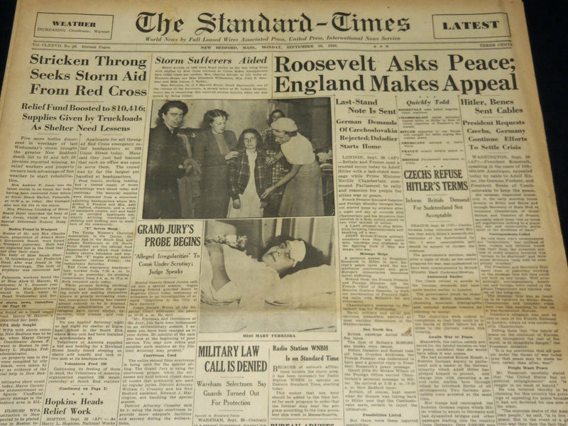 1938 SEPT 26 NEW BEDFORD STANDARD TIMES - ROOSEVELT ASKS PEACE - NT 8914