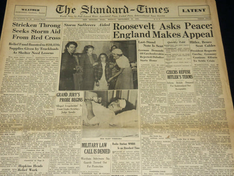 1938 SEPT 26 NEW BEDFORD STANDARD TIMES - ROOSEVELT ASKS PEACE - NT 8914