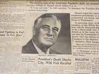 1945 APRIL 12 CEREBRAL HEMORRHAGE FATAL TO PRESIDENT - EXTRA NEWSPAPER - NP 4883