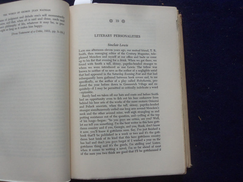 1952 THE WORLD OF GEORGE JEAN NATHAN HARDCOVER BOOK BY CHARLES ANGOFF - KD 8397
