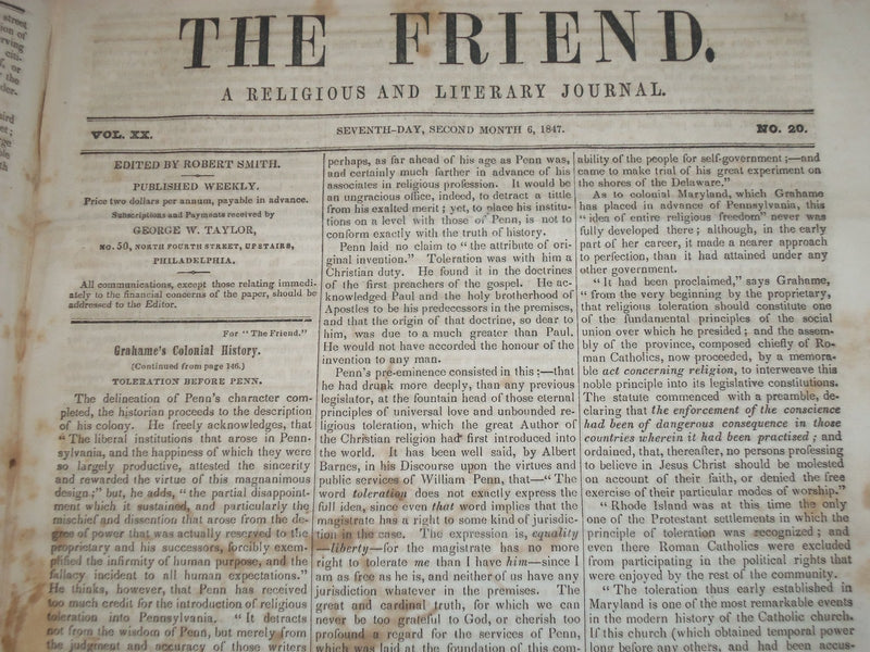 1846-1847 THE FRIEND RELIGIOUS & LITERARY JOURNAL BOUND VOLUME NO. 20 - KD 2682