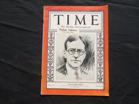 1927 NOVEMBER 14 TIME MAGAZINE - NEWTON DIEHL BAKER - T 138