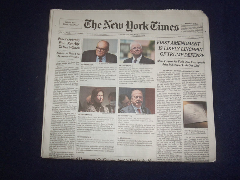 2023 AUGUST 3 NEW YORK TIMES-FIRST AMENDMENT IS LIKELY LINCHPIN OF TRUMP DEFENSE