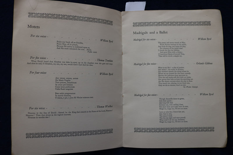 1925 NOVEMBER 3 YALE UNIVERSITY - THE ENGLISH SINGERS - PROGRAM - K 1508