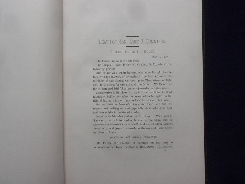 1903 AMOS J. CUMMINGS MEMORIAL ADDRESSES HARDCOVER BOOK - K 201