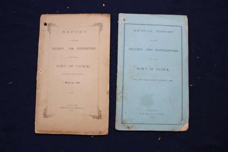 1859-1889 TOWN OF NATICK RECEIPTS AND EXPENDITURE REPORTS - LOT OF 24 - O 3393
