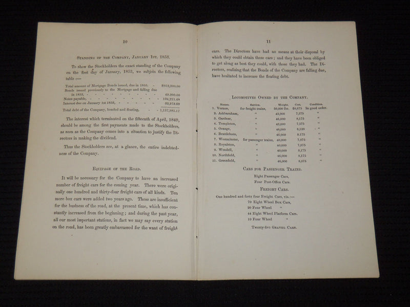 1853 VERMONT AND MASSACHUSETTS RAILROAD ANNUAL REPORT - J 9583