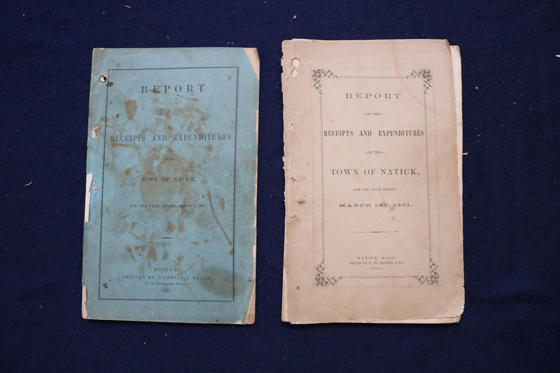 1859-1889 TOWN OF NATICK RECEIPTS AND EXPENDITURE REPORTS - LOT OF 24 - O 3393
