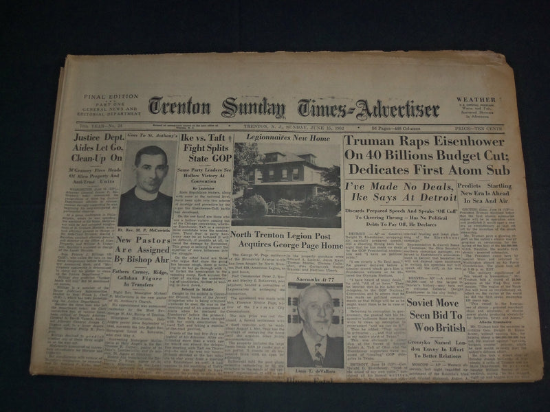 1952 JUNE 15 TRENTON SUNDAY TIMES-ADVERTISER NEWSPAPER -TRUMAN RAPS IKE- NP 3395